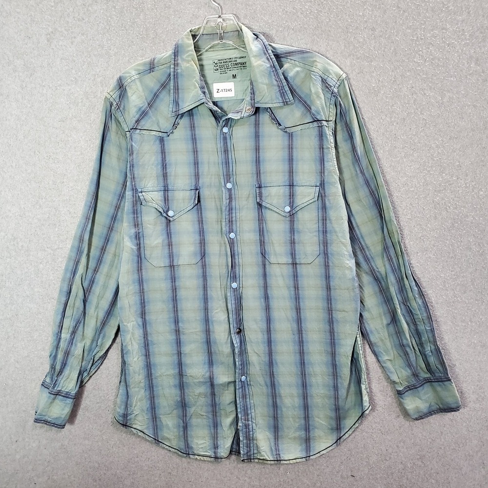 Guess Men Button Up Shirt Medium Blue Plaid Y2K Cross Embroidered Pearl Snap